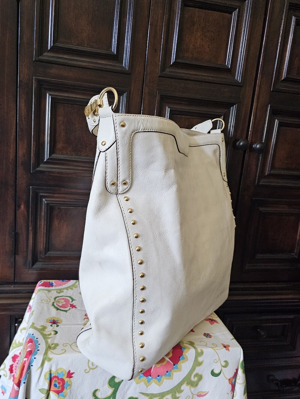 XL Michael Kors White Leather Hobo Studded Bag - Rare - Picture 4 of 7
